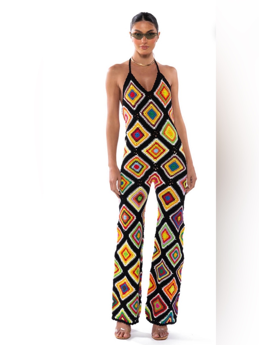 NWT AKIRA Black Crochet granny square Halter Jumpsuit